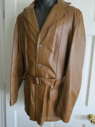 Vintage Mens Brown Leather Belted Trench Coat Jacket 44 Long