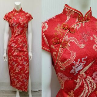 Vintage 60s Red & Gold Dragon Cheongsam Dress Qipao Sheath - Size S - Euc