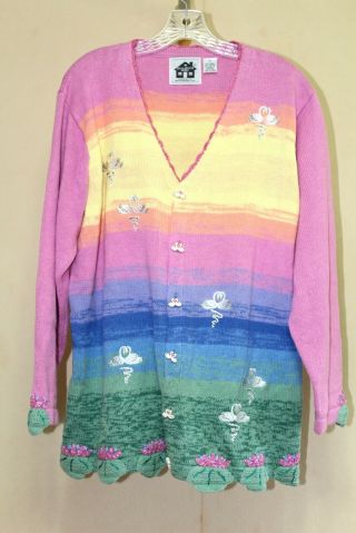 Storybook Knits Womens 1x Vtg 90s Pastel Core Ombre Swan Cotton Cardigan Sweater