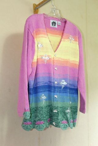 Storybook Knits Womens 1X VTG 90s Pastel Core Ombre Swan Cotton Cardigan SWEATER 3
