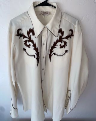 Vintage H Bar C Western Shirt Embroidered Pearl Buttons 17 3/4 Mens Xl Off White