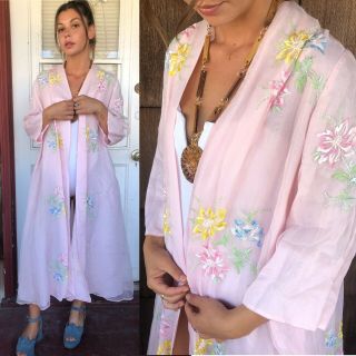 Vintage 1950s Baby Pink Embroidered Floral Silk & Sheer Robe Small Pastel Hippie