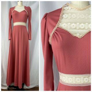 Vintage 1960s/70s Prairie Maxi Dress Patricia Fair Dusty Pink Lace Cut Outs 1970