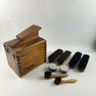 Vintage Neiman Marcus Shoe Shine Box,  Wood Stain With Brushes
