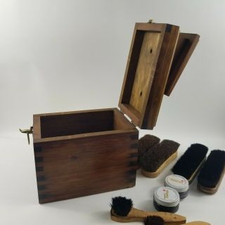 Vintage Neiman Marcus Shoe Shine Box,  Wood Stain with Brushes 3