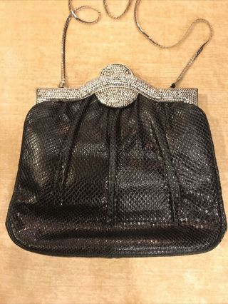 Vintage Judith Leiber Black Snakeskin Clutch W/ Swarovski Crystal - Encrusted Top
