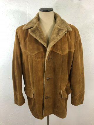Vintage 70s Suede Leather Coat Jacket Mens 46 Large Carmel Brown Faux Fur Lined