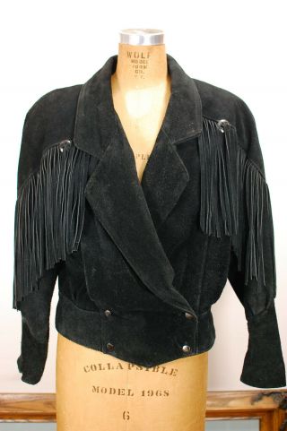 Vintage 80s Black Southwestern Pioneer Crop Suede Leather Fringe Jacket Medium