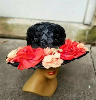THE PARIS BOUTIQUE Vintage 1960s HIGH FASHION Mod TWIGGY - era Straw Black Hat 2