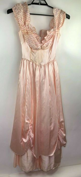 1980s Gunne Sax Dress Pink White Satin Striped Gown Xs Flawed