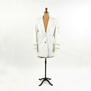 Vintage 80s White Leather Long Golden Star Patch Military Style Blazer Jacket L