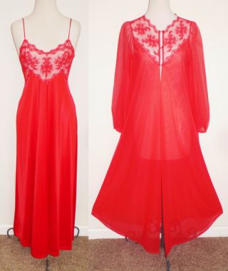 Vintage Vanity Fair Red 2 Pc Set Negligee Peignoir Nightgown & Sheer Robe Lace