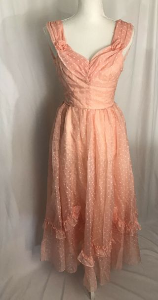 Vintage Candi Jones California Pink Swiss Dot Ruffle Flower Party Dress Prom S/m