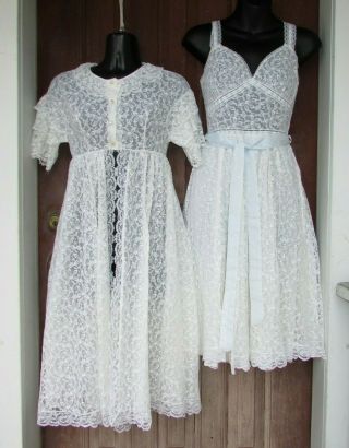 Vtg Aristocraft 2pc Sheer Lace Peignoir Bridal Negligee Lingerie Nightgown Robe