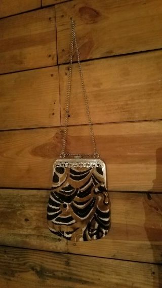 Vtg Tapestry Carpet Hand Bag Purse Clutch Silver Abstract Scallop Chain Metal