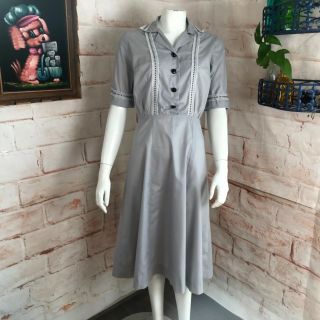Vintage 40s 50s Gray House Day Midi Dress S/m Small/medium Handmade 1950s Cotton