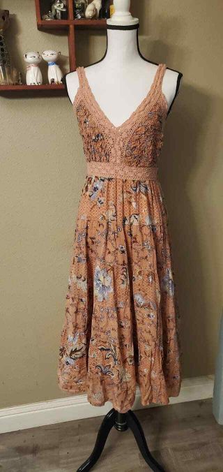 M Vintage 70s Prairie Style Mauve Floral Crochet Cotton Sun Dress Gunne Sax Styl