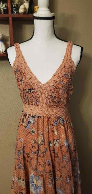 M vintage 70s prairie style mauve floral crochet cotton sun dress gunne sax STYL 2