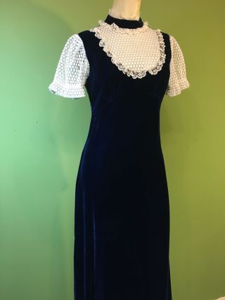 Vintage Velour Gown Wmns Party Dress Lace High Neck Royal Blue Vtg K377