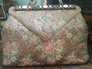 Vintage Faye Mell Design Purse Handbag Tapestry W Mother Of Pearl Jeweled Frame
