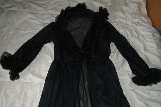 Vintage 60s Black Peignoir Set The Love Witch Duster Goth Xs S Sheer Ruffles 50s