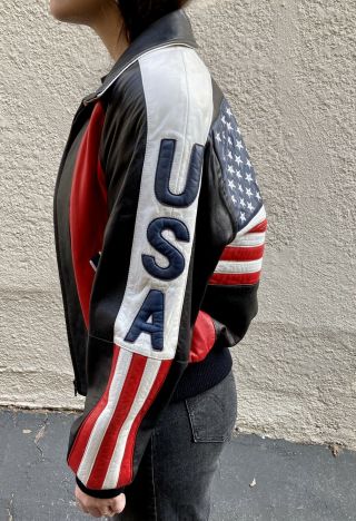Vintage 80s Michael Hoban Leather Jacket Red White Blue Usa American Flag - M/l