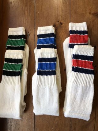 Vintage 6 Pack Striped Tube Socks Crew Length Sz 9 - 14 Nos Blue,  Green,  Red
