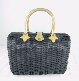 Vintage 1950’s Black Wicker Woven Basket Purse Handbag Gold Red Interior