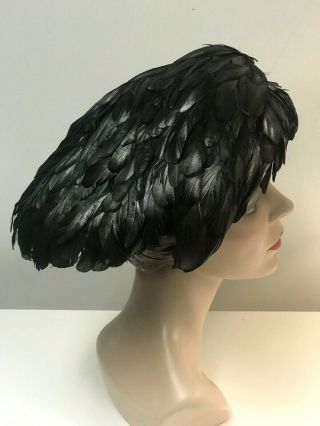 VINTAGE JILLI BLACK FEATHER BERET STYLE HAT WITH CROCHET / KNIT LINING 3