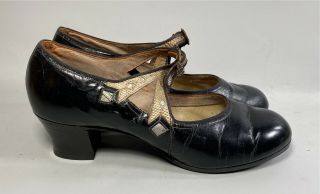 Vintage 1920s Shoes Mary Jane Heel Black Leather Metallic Silver Art Deco,  6.  5