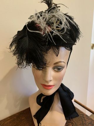 Vintage Antique 1900’s Black Straw Hat With Feathers