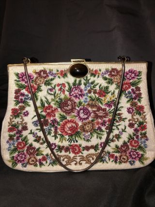 1950 Floral Tapestry Petit Point Style Evening Purse Coin Bag