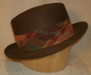Vintage Knox York Size 7 1/4 Brown Straw Fedora Pork Pie Hat Men 