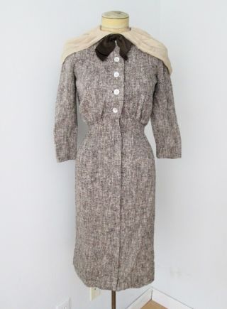 Vtg 40s 50s Brown Speckled Tweed Dress Silk Chiffon Neck Scarf Trim Bow 8