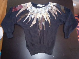 Vtg Maurada Black Gold Lace Leather Abstract Disco Sweater Women 80s Rare