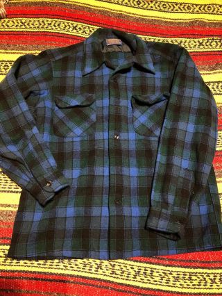 Vintage 60s Pendleton Green Blue Plaid Wool Loop Collar Board Shirt Size M