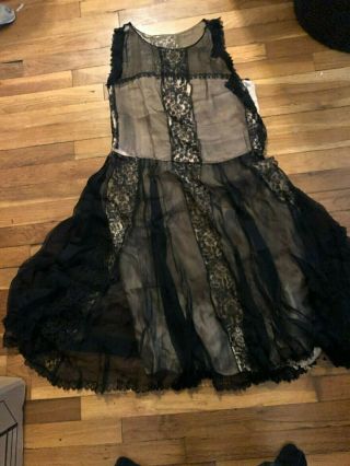 Vintage Wounded Bird 1920s Black Silk Lace Flapper Dress Distressed