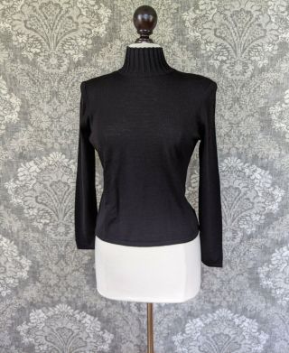 Vintage 1980s Valentino Black Wool Knit Pullover Sweater With Tall Mock Collar