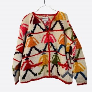 Vintage Wool Hand Knit Cardigan Sweater Express Tricot Colorful Pattern Women L