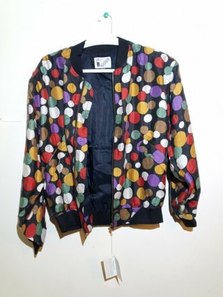 Vintage Goouch Silk Bomber Jacket Nwt Mens Meduim Colorful Dots Polka Rare