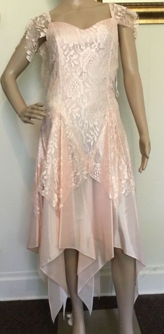80’s Pink Taffeta Lace Overlay “isadora“ Handkerchief Dress