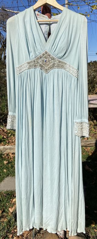 Vtg 1930 - 40’s Giorgio Blue Evening Gown Dress Rhinestones Pearl Waist Sleeve