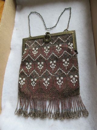 Antique Bead Beaded Purse Handbag W/ Fringe (d644)