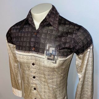 Vtg 60s 70s CHEMISE ET CIE Geometric Print MENS MEDIUM Stretch NYLON Disco shirt 2