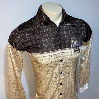 Vtg 60s 70s CHEMISE ET CIE Geometric Print MENS MEDIUM Stretch NYLON Disco shirt 3