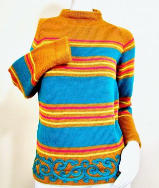 Vintage 50s 60s Mod Hot Pink Blue Apricot Wool Ski Sweater By Darlene