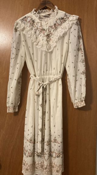 Vintage 70’s 80’s Sears Sheer Boho Prairie Style Cream Floral Dress Size 14 1/2