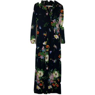 Vintage 70s Black Floral Polyester Maxi Dress Medium Long Sleeve Collared
