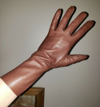 Vintage Brown Butter Soft Lambskin Leather Victorian Long Dress Gloves 7.  5