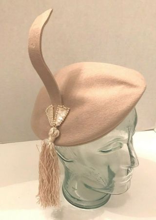 Vintage 1940s 1950s Look Beret Style Hat With Dramatic Tassel And Trim
